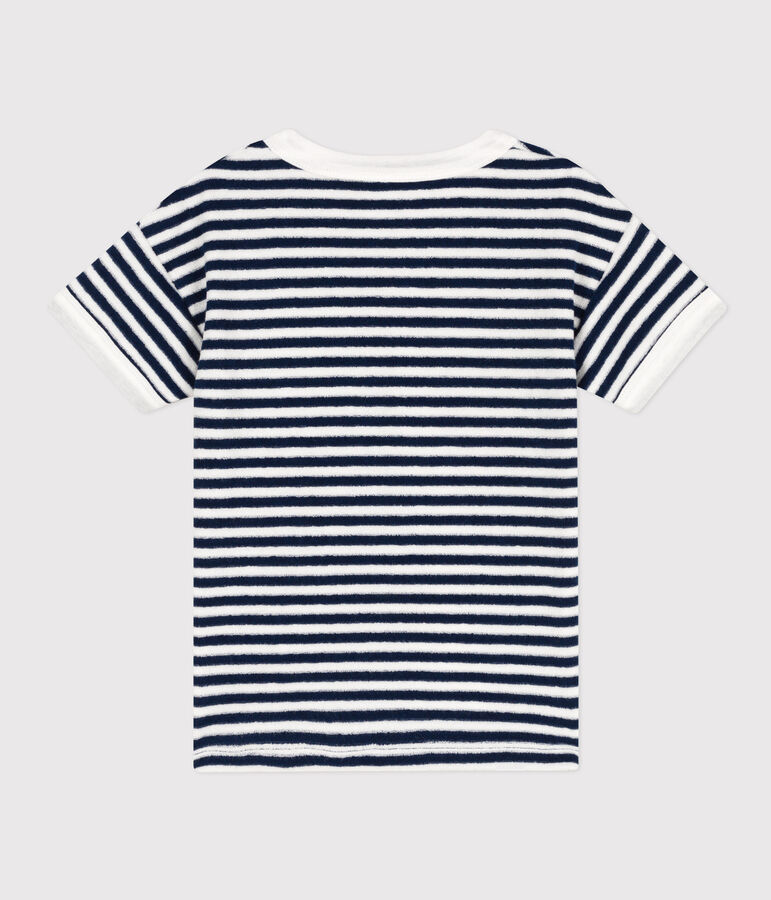Gestreept T-shirt in boucl&eacute;badstof voor meisjes/jongens blauw/wit