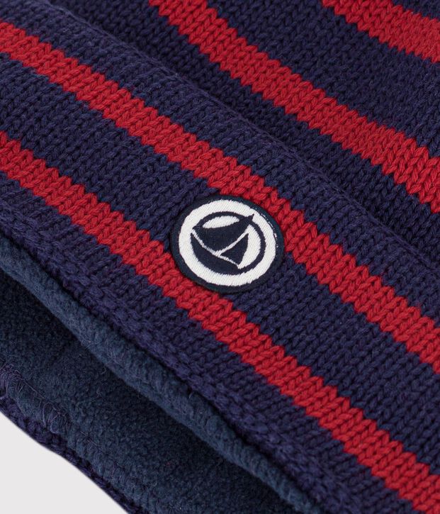Bonnet enfant &agrave; rayures en tricot doubl&eacute; polaire bleu/rouge