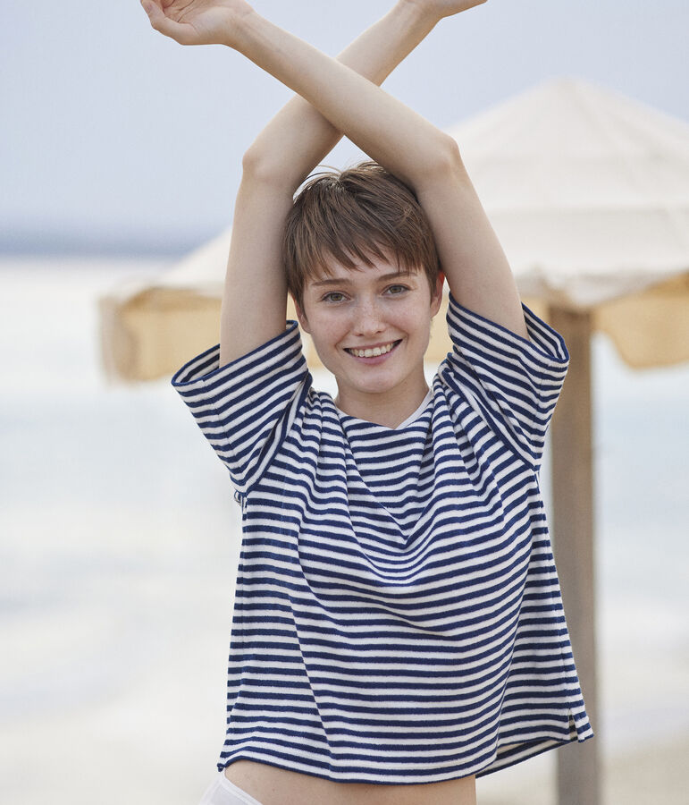 LE BOXY, T-shirt voor dames in gemaakt van badstof blauw/wit