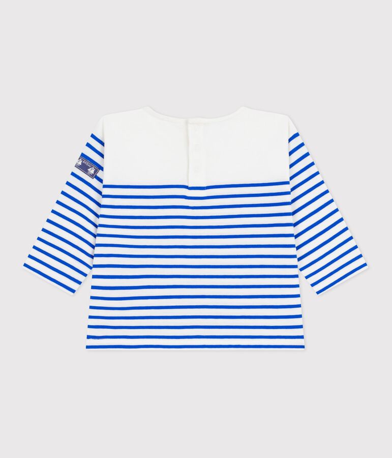 Katoenen baby-T-shirt met lange mouwen en matrozenstreepje wit MARSHMALLOW/blauw PERSE