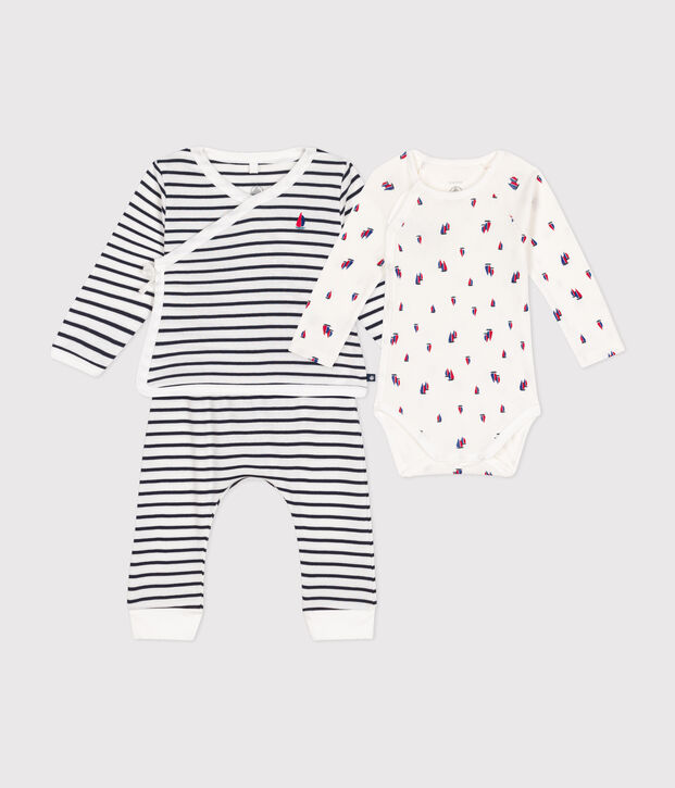 Ensemble 3 pi&egrave;ces en coton b&eacute;b&eacute; blanc/bleu
