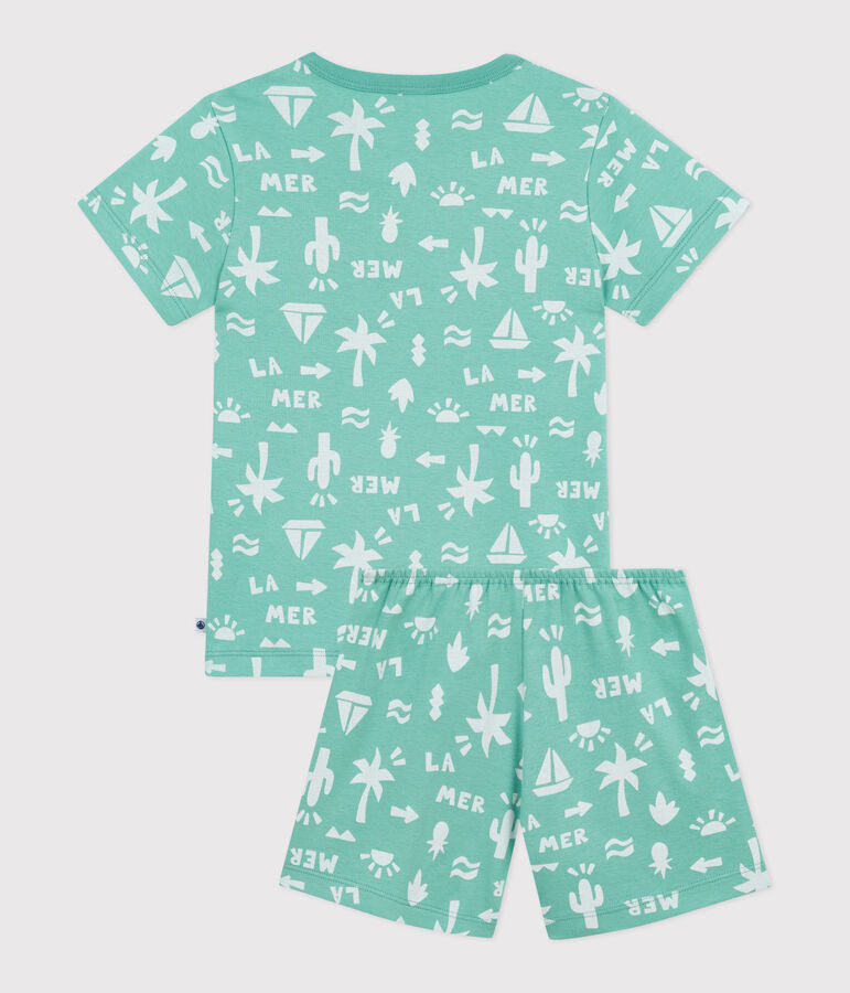 Pyjama short enfant en coton imprim&eacute; vert/blanc