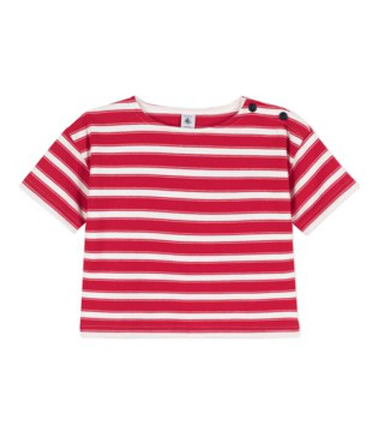 Gestreept T-shirt in dik katoen voor meisjes rood PEPS/wit MARSHMALLOW