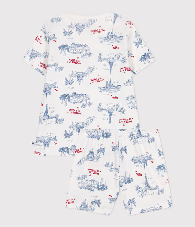 Korte katoenen kinderpyjama met Parijs-print wit/multicouleur