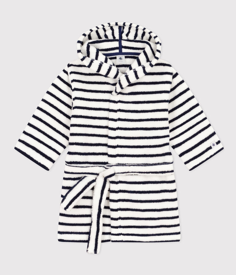 Gestreepte kinderbadjas van badstof wit/blauw