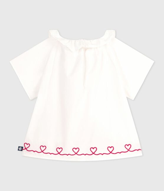 Blouse bébé en popeline de coton manches courtes, brodée cœurs blanc ECUME
