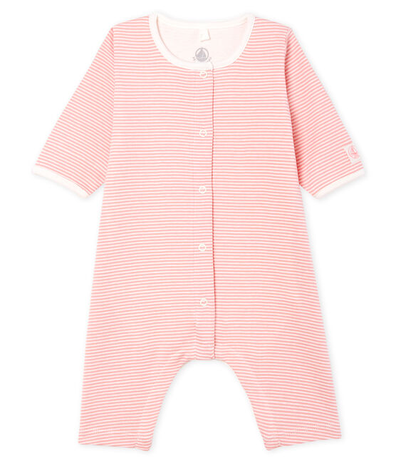 Bodyjama zonder voetjes babymeisje van gebreide stof roze CHARME/wit MARSHMALLOW