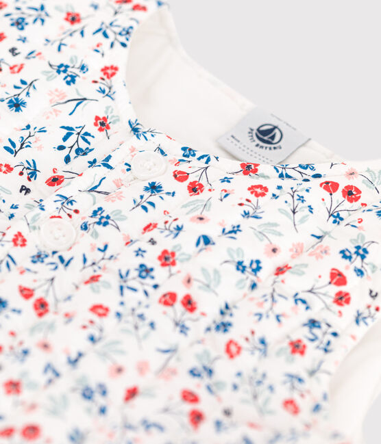 Mouwloos babyjasje in poplin met bloemenprint wit MARSHMALLOW/wit MULTICO