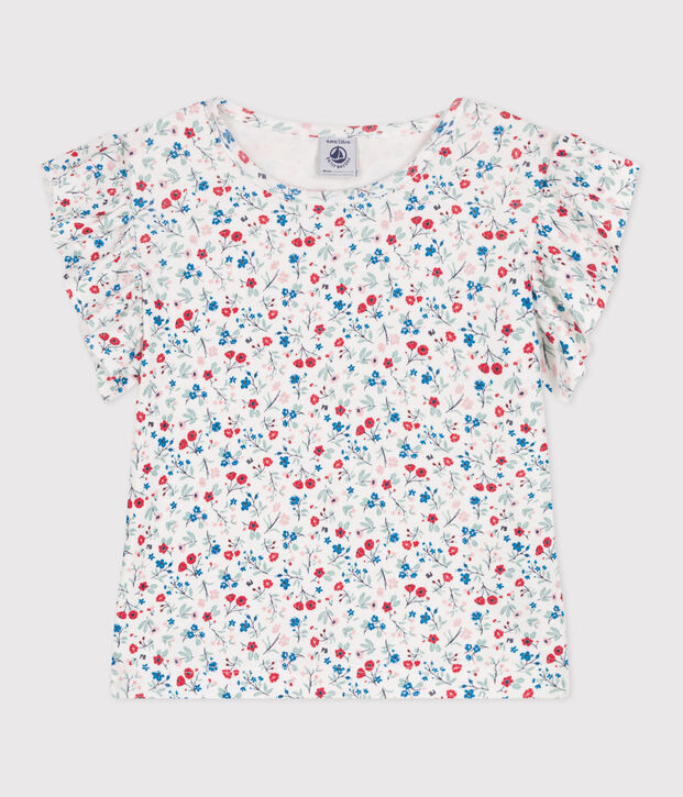 Tee-shirt enfant en coton manches courtes fleuri blanc/multicouleur