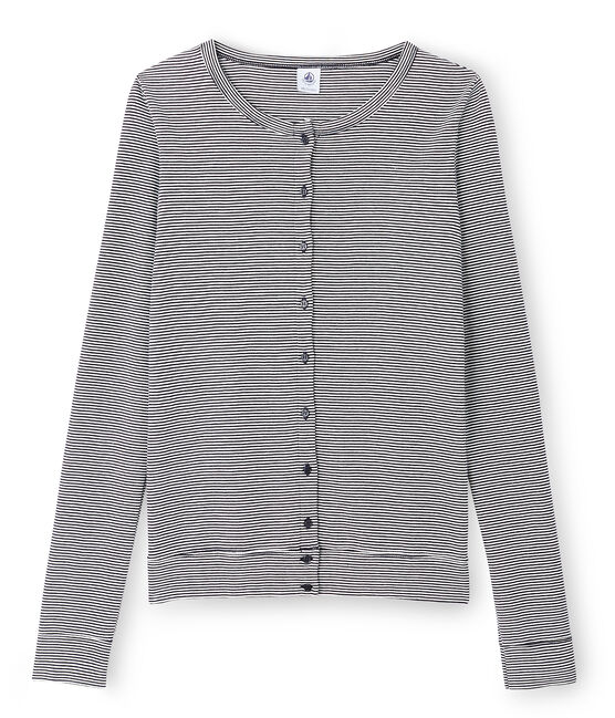 Iconische vrouwencardigan blauw SMOKING/wit LAIT