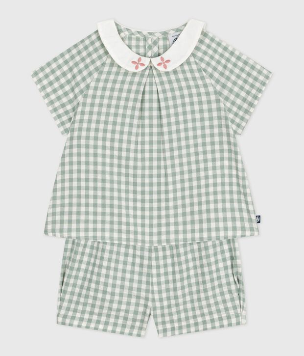 Ensemble b&eacute;b&eacute; deux pi&egrave;ces en coton, blouse et short vichy vert/blanc
