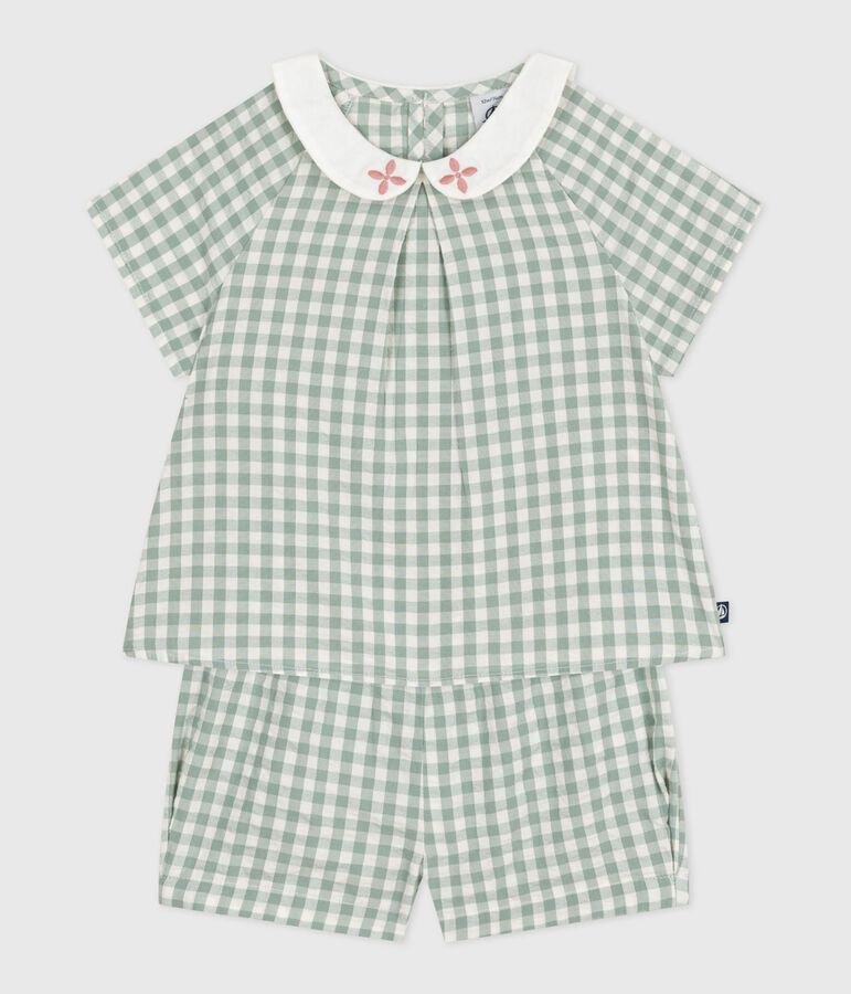 Ensemble b&eacute;b&eacute; deux pi&egrave;ces en coton, blouse et short vichy vert/blanc