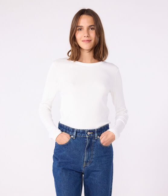 Tee-shirt l'Iconique manches longues en côte unie femme blanc ECUME