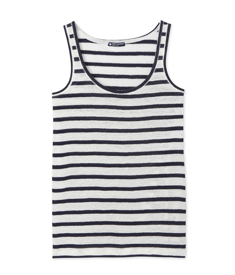 D&eacute;bardeur femme en lin ray&eacute; blanc/bleu