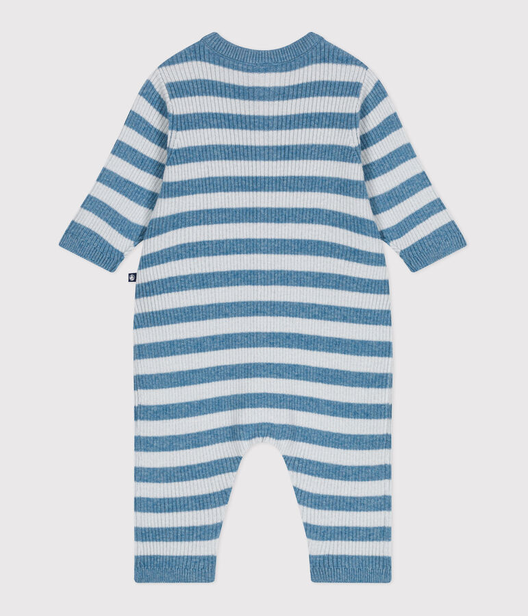 Combinaison b&eacute;b&eacute; ray&eacute;e en tricot laine et coton bleu/bleu