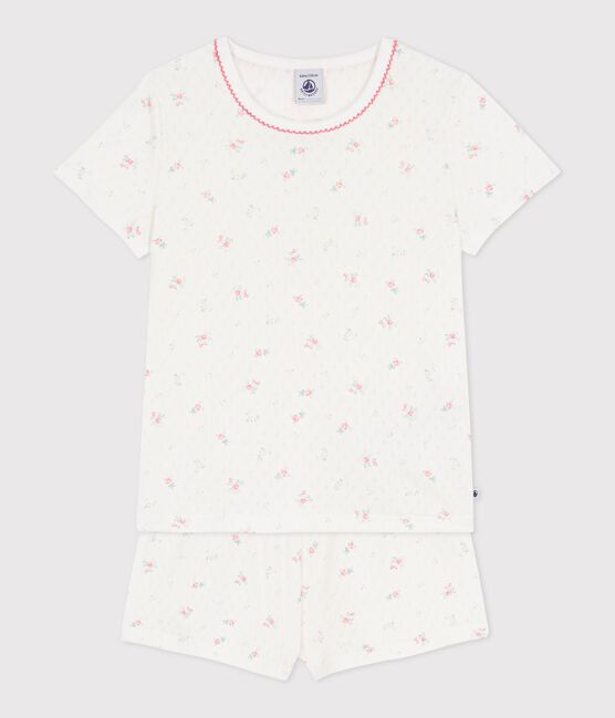 Korte kinderpyjama van ajourkatoen met bloemenprint wit MARSHMALLOW/wit MULTICO