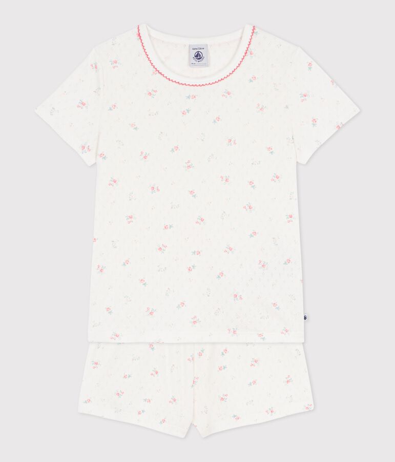 Korte kinderpyjama van ajourkatoen met bloemenprint wit/multicouleur