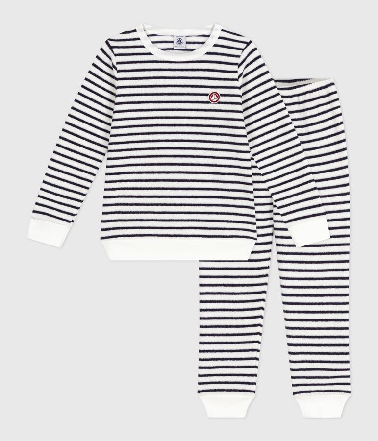 Pyjama enfant en coton &eacute;ponge &agrave; rayures &eacute;cru/bleu