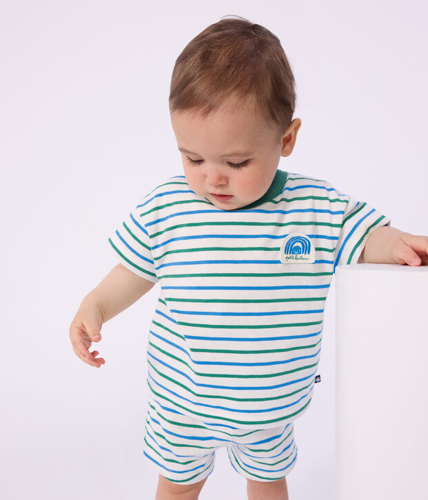Katoenen T-shirt met korte mouwen en streepjes voor baby's wit/multicouleur
