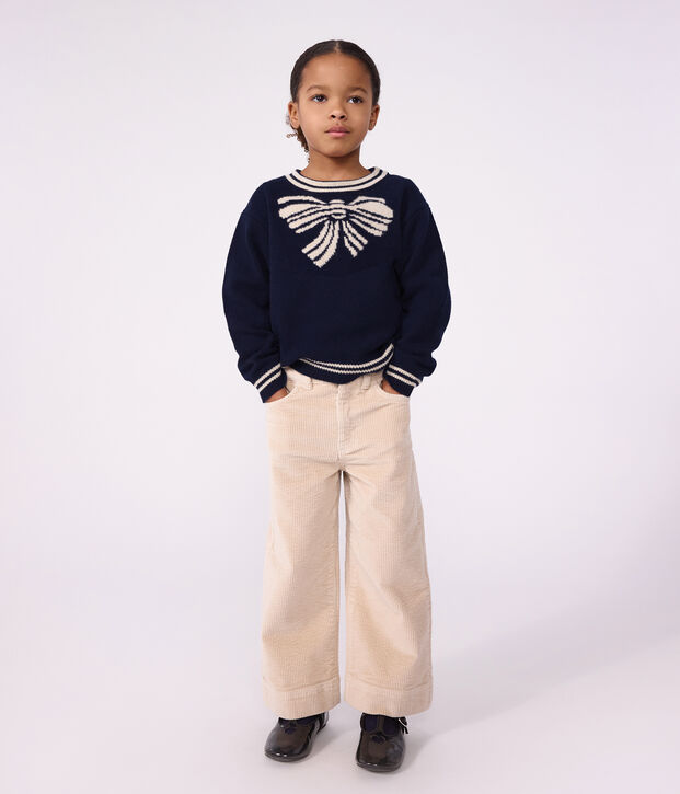 Pull enfant en laine et coton motif n&oelig;ud bleu/beige