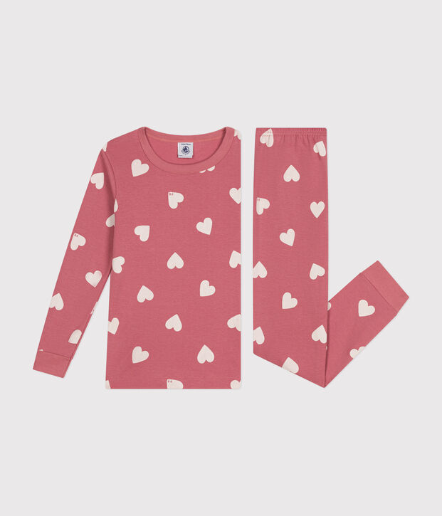 Pyjama ajust&eacute; en coton imprim&eacute; motif c&oelig;urs enfant rose/&eacute;cru