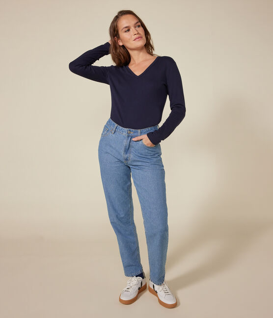 Dames-T-shirt L'Iconique met lange mouwen in effen ribstof voor dames blauw SMOKING