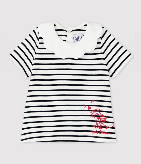 Blouse manches courtes en coton bébé fille blanc MARSHMALLOW/bleu SMOKING