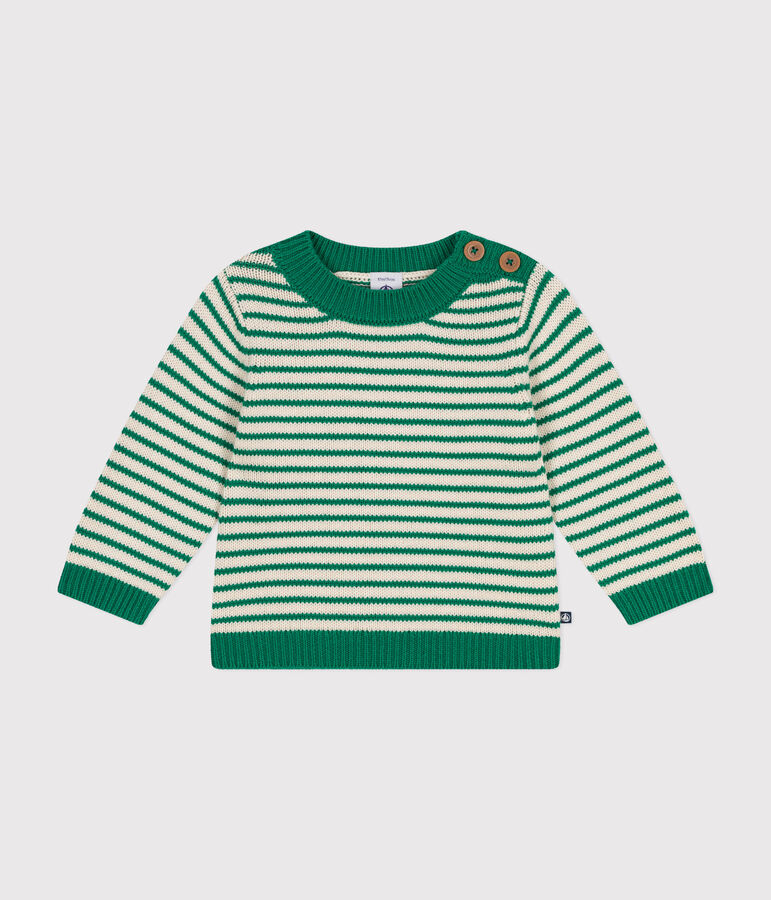 Pull en tricot de laine et coton b&eacute;b&eacute; vert/&eacute;cru