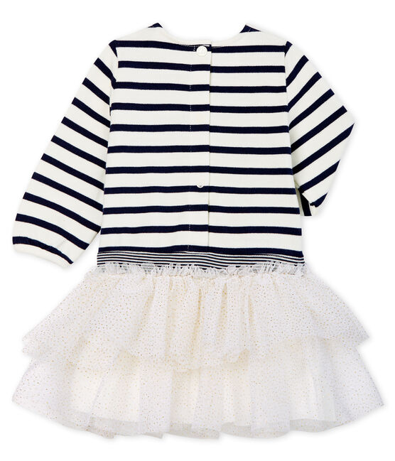 Gestreepte jurk met lange mouwen babymeisje wit MARSHMALLOW/blauw SMOKING
