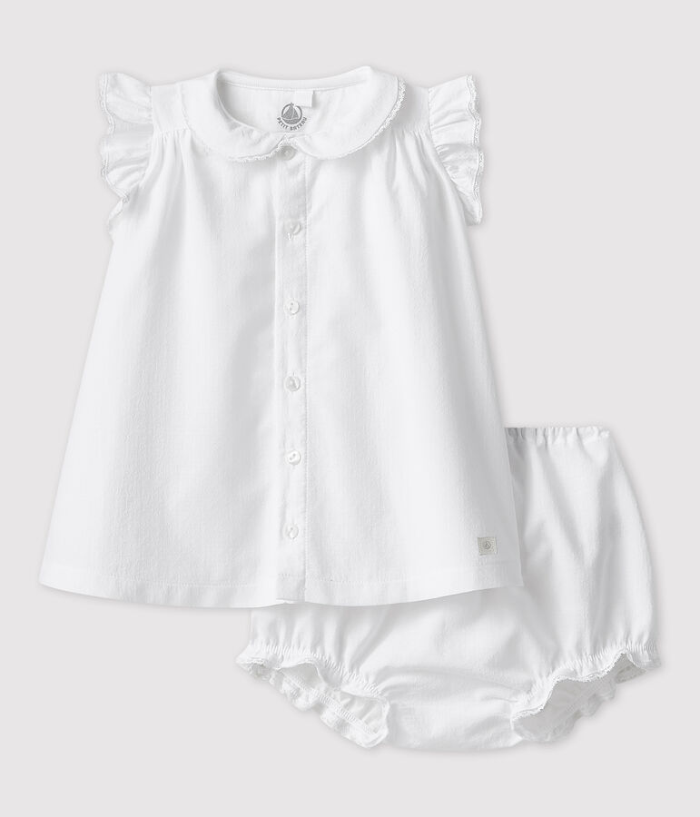 Robe blanche manches courtes avec bloomer b&eacute;b&eacute; fille en popeline de coton biologique blanc