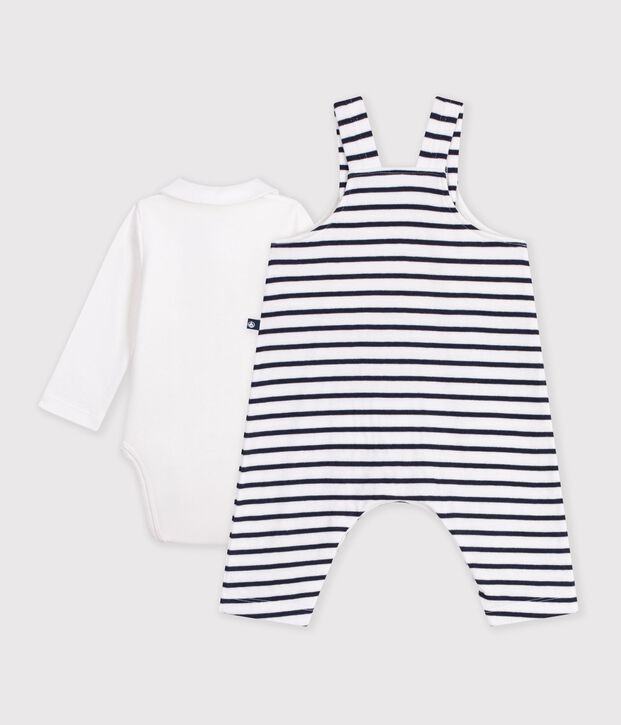 Ensemble salopette et body b&eacute;b&eacute; en coton avec col, &agrave; rayures blanc/bleu