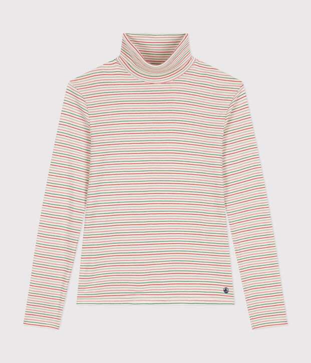L'ICONIQUE, dames-T-shirt met rolkraag in katoen ecru/multicouleur