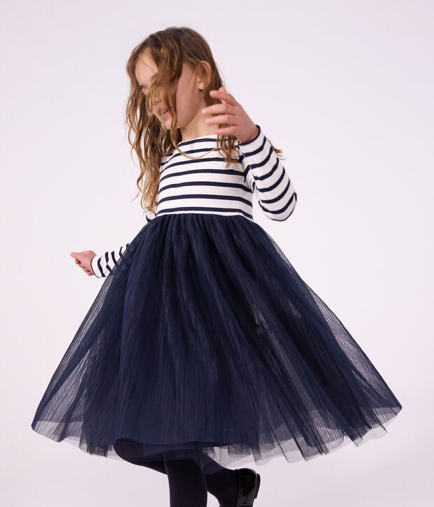 Robe enfant en coton et tulle manches longues &agrave; rayures blanc/bleu