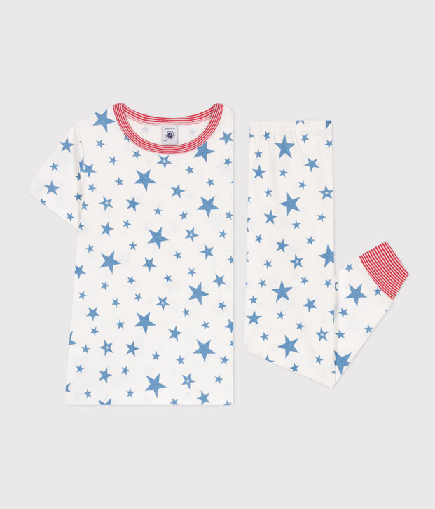 Katoenen kinderpyjama met sterrenprint wit/blauw