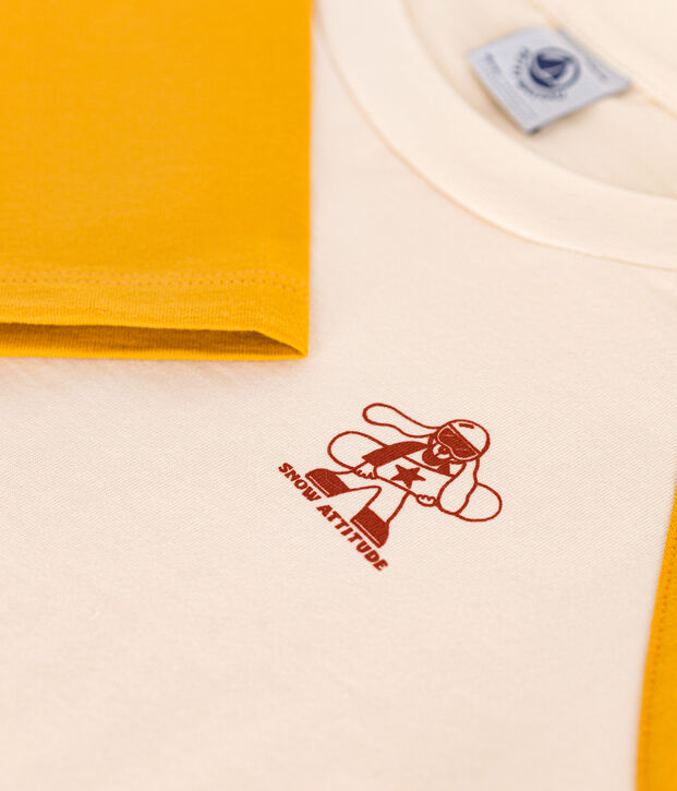 Tee-shirt manches longues en coton enfant gar&ccedil;on &eacute;cru/jaune