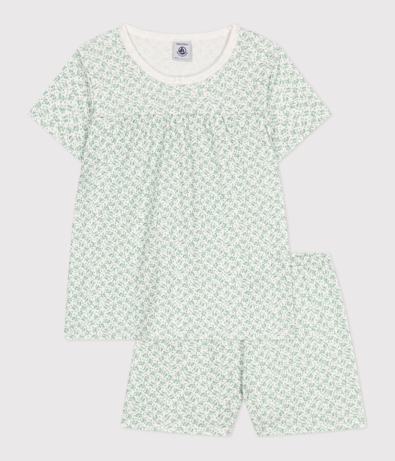 Katoenen pyjamashort met bloemenprint voor kinderen wit/groen