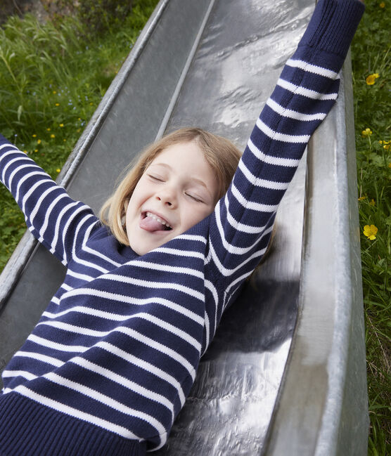 Meisjes/jongens pull van wol en katoen blauw SMOKING/wit MARSHMALLOW