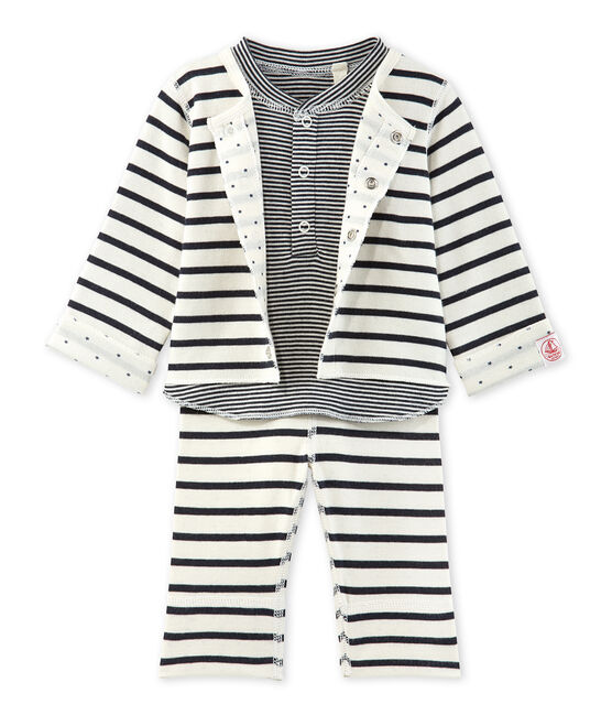 Ensemble bébé 3 pièces réversible beige COQUILLE/bleu SMOKING