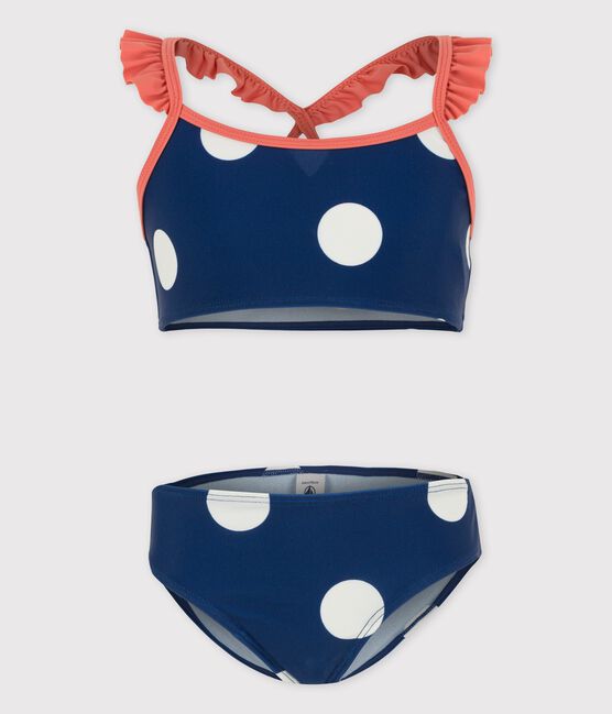 Meisjesbadpak met stippen uit 2 delen blauw MEDIEVAL/wit MARSHMALLOW