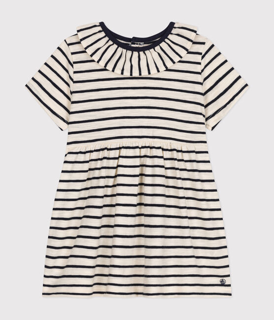 Gestreepte jurk met korte mouwen van gevlamde jerseystof voor baby's wit AVALANCHE/blauw SMOKING