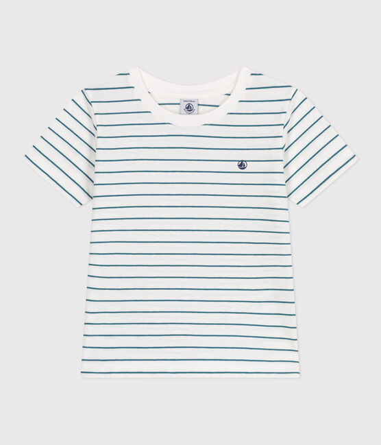 Katoenen kinder-T-shirt met korte mouw en streepjes groen MARSHMALLOW/ DRAGONFLY