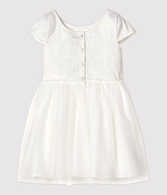 Robe cérémonie en jacquard et tulle enfant fille blanc MARSHMALLOW