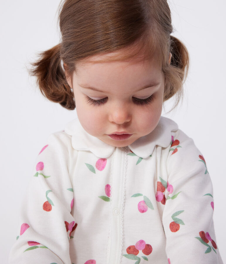 Katoenen babypyjama met golvend kraagje en vruchtenprint wit/multicouleur
