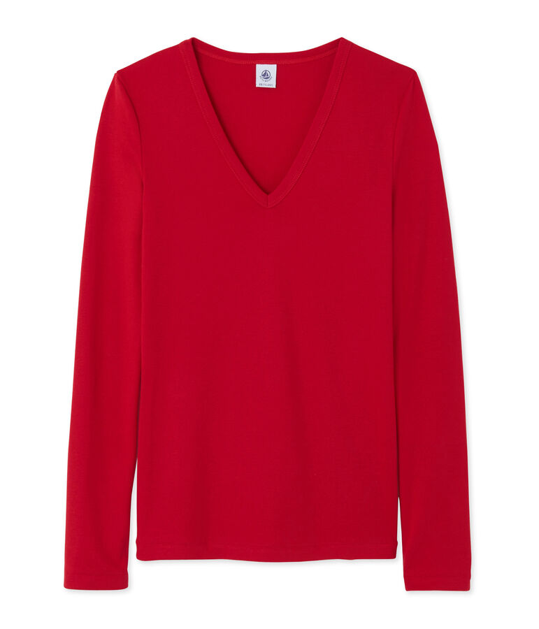 T-shirt femme manches longues col V rouge Mars