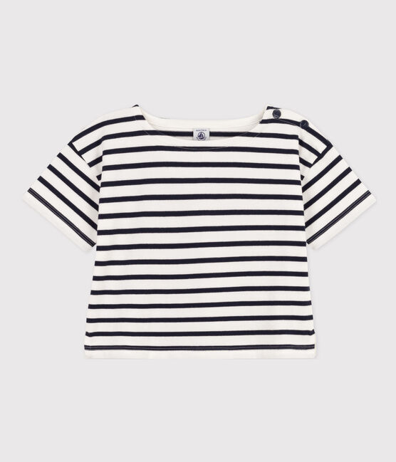 Gestreept katoenen T-shirt met korte mouwen voor meisjes wit MARSHMALLOW/blauw SMOKING