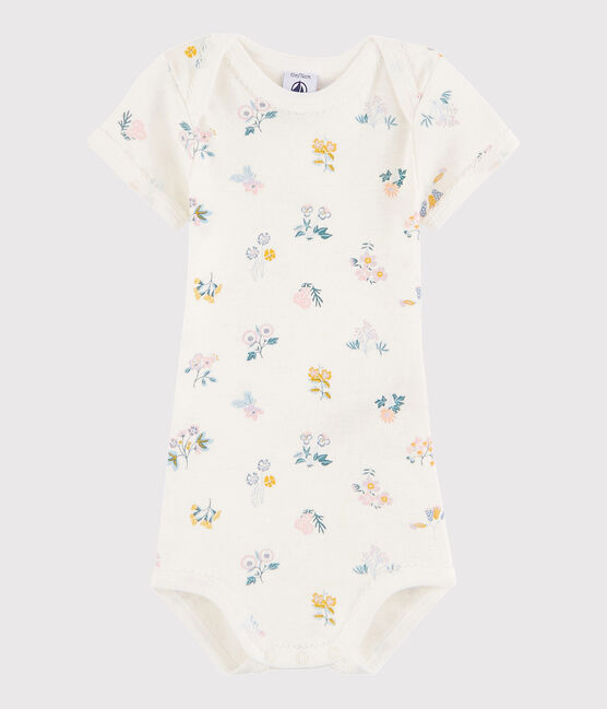 Rompertje met korte mouwen babymeisje wit MARSHMALLOW/wit MULTICO