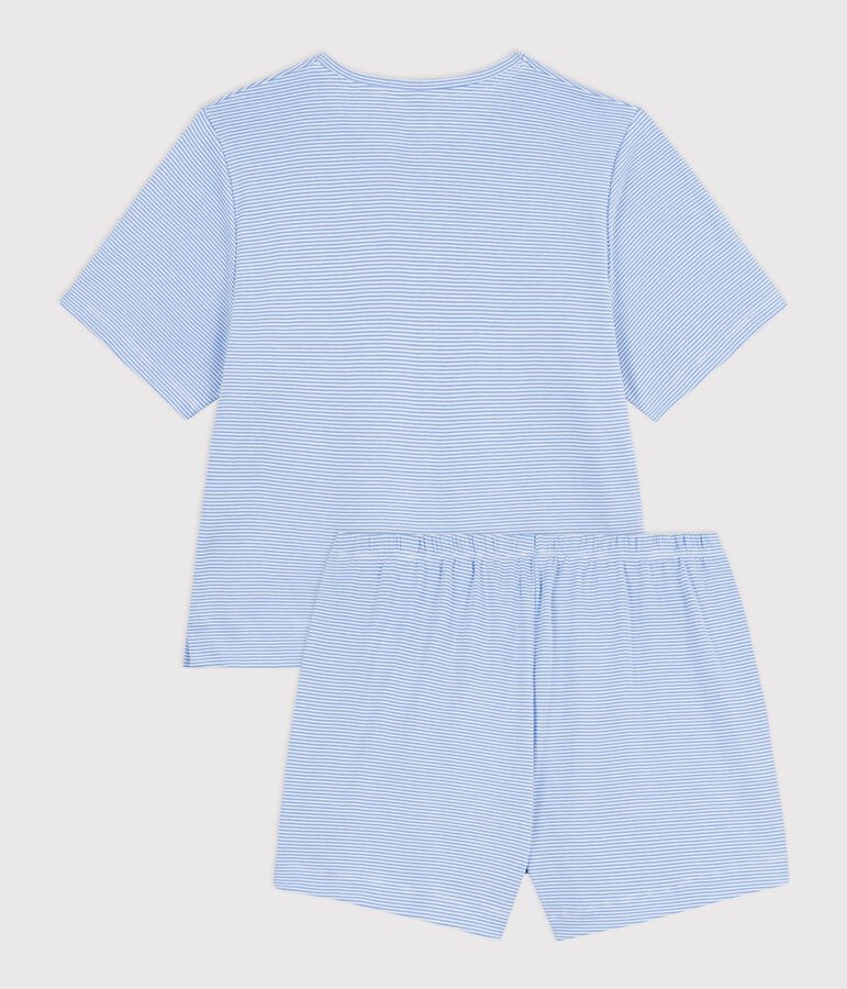 Pyjama short femme en coton &agrave; rayures bleu/blanc