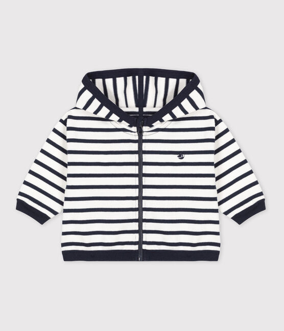 Sweatshirt à capuche bébé rayé marinière en jesey épais blanc MARSHMALLOW/bleu SMOKING