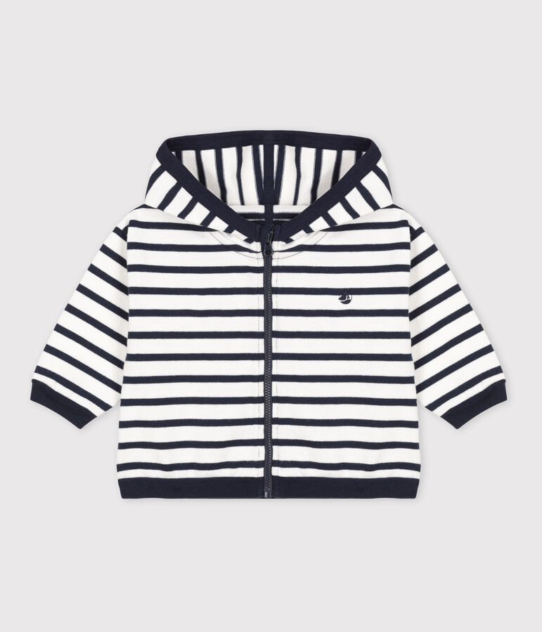 Sweatshirt &agrave; capuche b&eacute;b&eacute; ray&eacute; marini&egrave;re en jesey &eacute;pais blanc/bleu