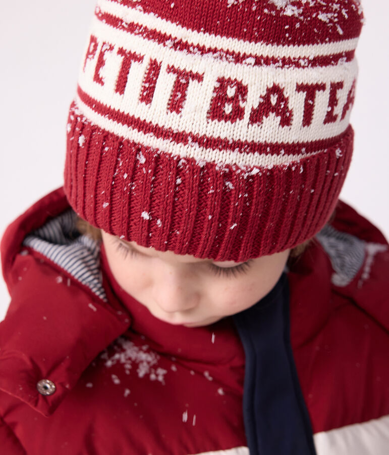 Gebreide kindermuts met fleecevoering - Petit Bateau rood/wit
